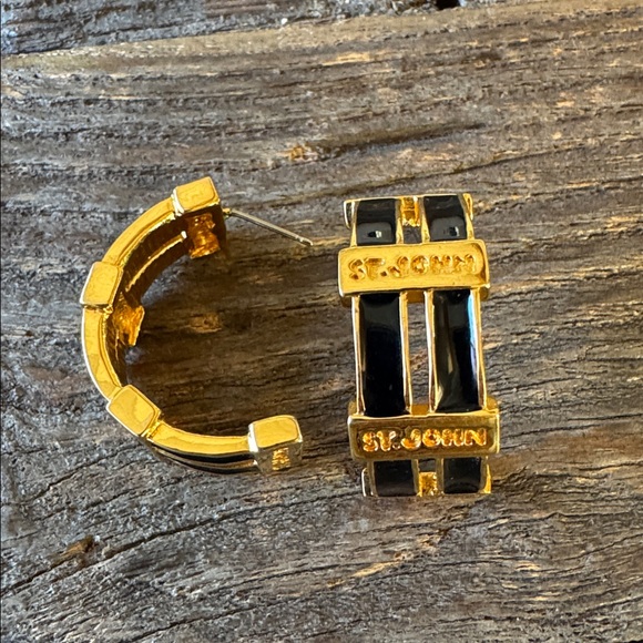 St. John signed gold hoop pierced earrings black enamel EVC - Picture 3 of 6